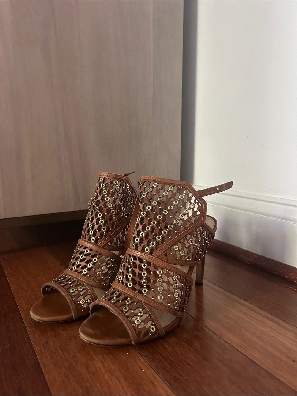 Vince Camuto Brown Strappy Peep-Toe Heels with Gold Eyelets